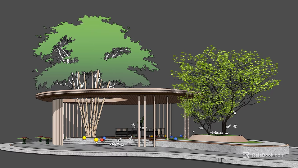 Shaded Wooden Pergola with Green Trees Benches and Colorful Decorative Balls in Garden Rest Area 3d model 