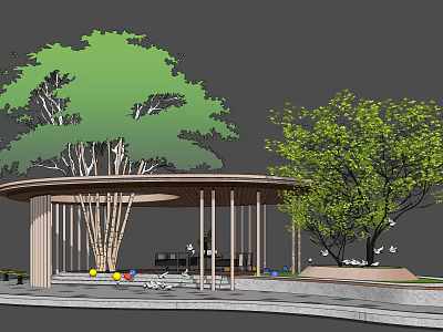 Shaded Wooden Pergola with Green Trees Benches and Colorful Decorative Balls in Garden Rest Area 3d model