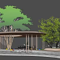 Shaded Wooden Pergola with Green Trees Benches and Colorful Decorative Balls in Garden Rest Area