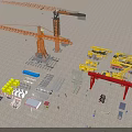 Industrial Equipment Featuring Cranes Yellow Construction Vehicles Gantry Crane Steel Beams Scaffolding at Construction Site