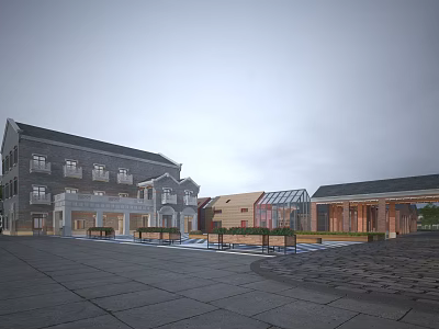 Modern Industrial Factory Building With Paved Square Greenery And Multiple Windows 3d model