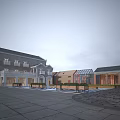 Modern Industrial Factory Building With Paved Square Greenery And Multiple Windows