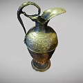 Ancient Bronze Wine Bottle With Intricate Carvings Curved Handle And Fluted Base Design