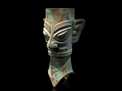 Ancient Bronze Mask With Intricate Facial Features And Cultural Design 3d model
