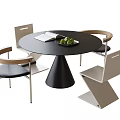 Modern Round Table And Chair Set With Black Conical Base Wooden Armrests Book And Fruit