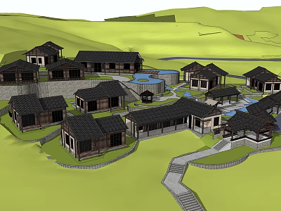 Ancient Traditional Architecture Complex With Green Hills Water Pond And Pathways 3d model