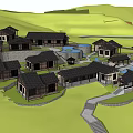 Ancient Traditional Architecture Complex With Green Hills Water Pond And Pathways