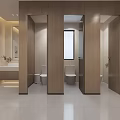 Modern Public Restroom Interior With Wooden Doors White Countertop and Mirrors