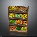 Fresh Fruits and Vegetables on Wooden Tiered Display Shelf with Colorful Assorted Produce