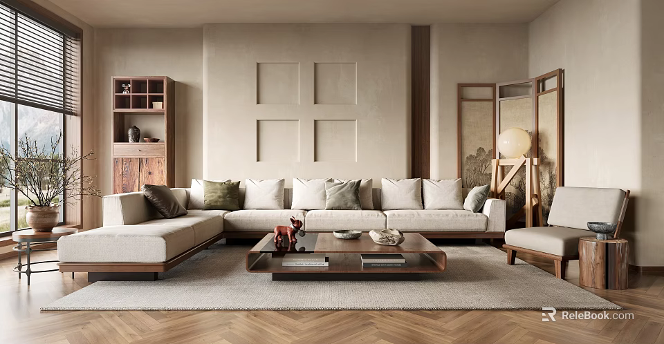 Modern Living Room Interior With L Shaped Sofa Wooden Coffee Table And Decorative Pillows 3d model 