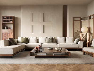 Modern Living Room Interior With L Shaped Sofa Wooden Coffee Table And Decorative Pillows 3d model