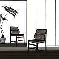 Modern Dining Chairs With Rattan Backrests Black Frames And Light Cushions Near Potted Plant