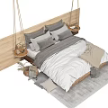 Modern Minimalist Double Bed Design With Wooden Headboard Gray Beige Bedding And Floor Rug