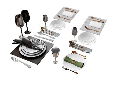 Elegant Tableware Set with Plates Knives Forks Wine Glasses Napkins and Placemats 3d model