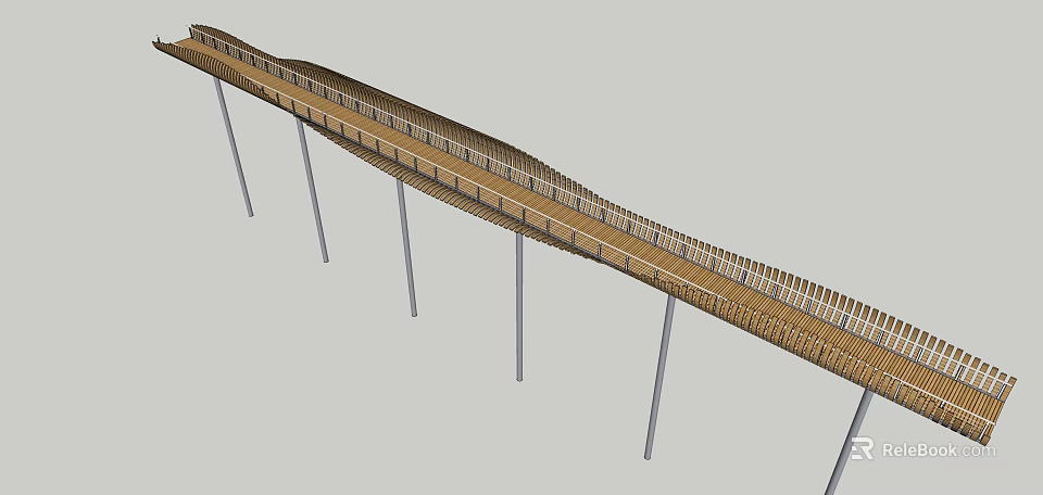 Curved Landscape Bridge Design With Wooden Deck And Metal Support Pillars 3d model 
