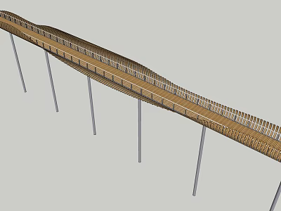 Curved Landscape Bridge Design With Wooden Deck And Metal Support Pillars 3d model