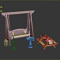 Outdoor Garden Furniture Set With Pink Swing Picnic Table And Water Fountain