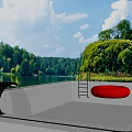 Outdoor Waterfall Pool with Red Circular Object Trees and Lake Natural Surroundings