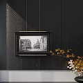 Framed Artwork On Black Wall With Window Blinds And Dried Branches 3d model