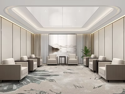 Modern Front Desk Reception Area With Sofas Coffee Tables Decorative Rug And Green Plants 3d model