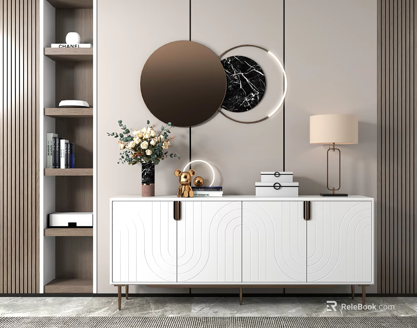 White Console And Side Cabinet Design With Round Mirror Table Lamp And Flower Vase 3d model 