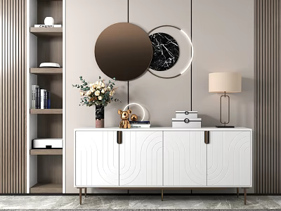 White Console And Side Cabinet Design With Round Mirror Table Lamp And Flower Vase 3d model