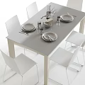 White Dining Table Set With Modern Chairs Plates Glasses And Decorative Branch 3d model