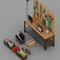 Organized Hardware Tools Display on Wooden Hanging Board with Workbench Toolboxes Cleaning Supplies and Broom