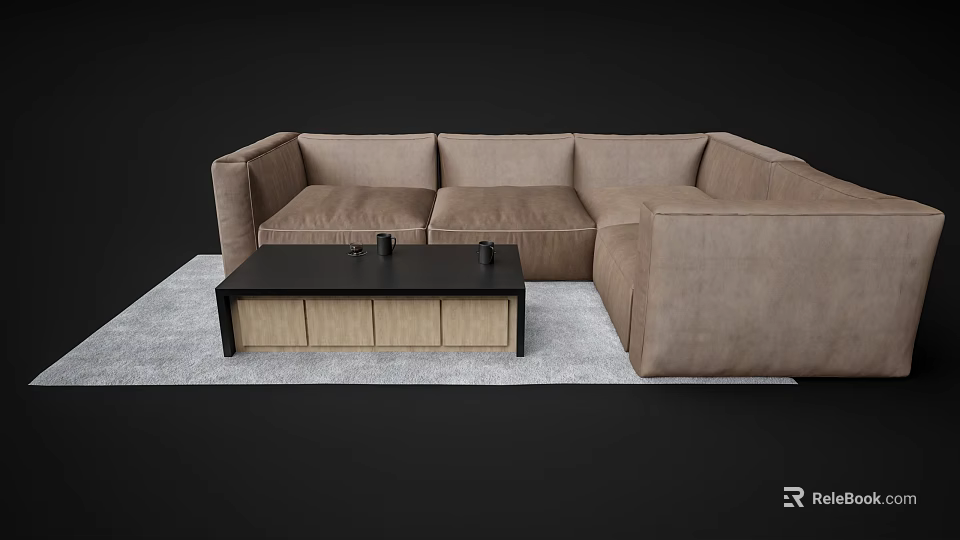Beige L Shaped Double Sofa With Black Coffee Table On Light Colored Rug 3d model