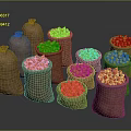 Colorful Fresh Fruits Packed in Burlap Sacks Featuring Orange Green Red Yellow Varieties