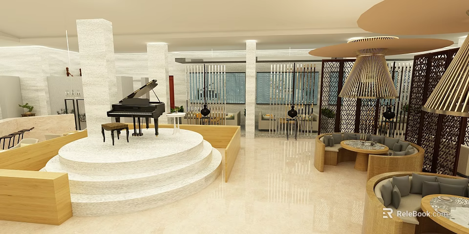 Elegant Restaurant Interior With White Columns Black Piano Circular Stage Wooden Partitions And Tables Chairs 3d model 