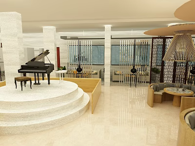 Elegant Restaurant Interior With White Columns Black Piano Circular Stage Wooden Partitions And Tables Chairs 3d model