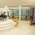 Elegant Restaurant Interior With White Columns Black Piano Circular Stage Wooden Partitions And Tables Chairs