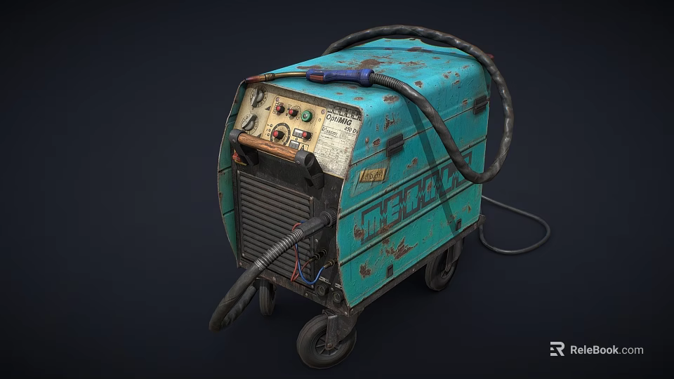 Old Blue Welding Machine With Control Panel Wheels Rusty Surface And Cable 3d model 