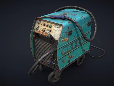 Old Blue Welding Machine With Control Panel Wheels Rusty Surface And Cable 3d model