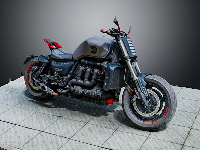 Black Cruiser Motorcycle With Red Accents On Gray Stone Pavement 3d model