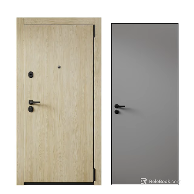 Modern Swing Doors In Light Wood Grain And Gray With Black Handles And Locks 3d model 