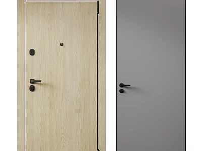 Modern Swing Doors In Light Wood Grain And Gray With Black Handles And Locks 3d model