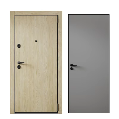 Modern Swing Doors In Light Wood Grain And Gray With Black Handles And Locks 3d model