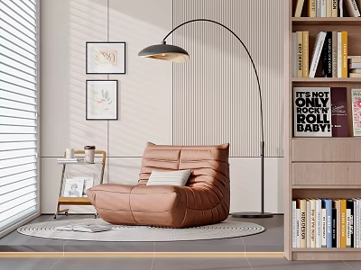 Modern Brown Single Sofa Living Space with Floor Lamp Round Rug Bookshelf and Wall Art 3d model