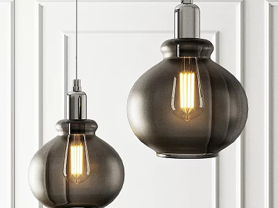 Two Modern Pendant Lights with Dark Glass Shades and Warm Illuminated Bulbs on White Wall 3d model