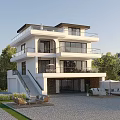 Modern Detached Villa Three Story Design With Large Windows Balconies And Outdoor Seating Area