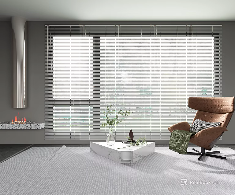 Venetian Blinds in Modern Living Room with Armchair Coffee Table and Plant 3d model 