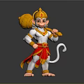3D Hanuman Character Model With Golden Crown Red Sash White Body And Staff