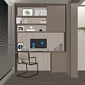 Modern Wooden Desk Setup With Built-in Shelves Computer Chair LED Strip Lights And Potted Plant