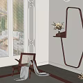 Irregular Shaped Wall Mirror With Wooden Shelf Vase Flowers Window And Chair