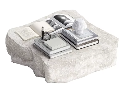 Open Books and Magazines with Magnifying Glass and White Sculpture on Stone Surface 3d model