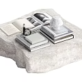 Open Books and Magazines with Magnifying Glass and White Sculpture on Stone Surface