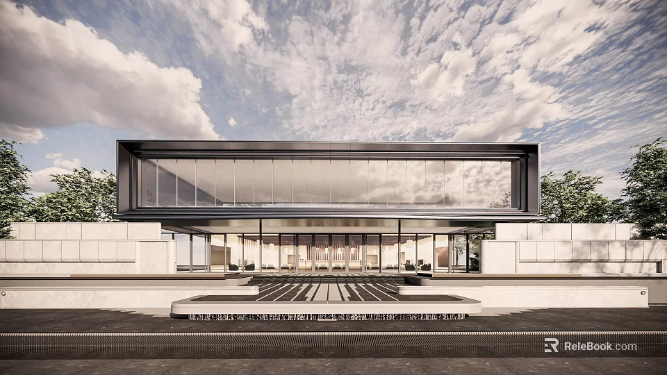 Modern Commercial Street Architecture With Glass Curtain Wall Front Plaza And Fountain Under Cloudy Sky 3d model 