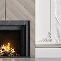 Elegant Fireplace Interior With Herringbone Marble Wall Black Frame And Burning Flames 3d model